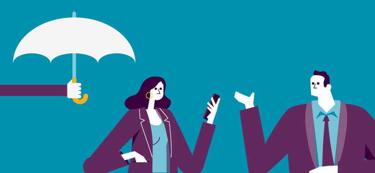 A woman with a phone in her hand and a man and a picture of an umbrella