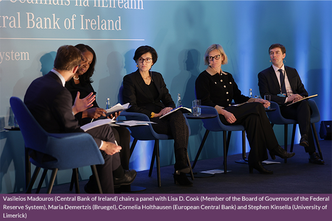 Vasileios Madouros, Deputy Governor, Monetary and Financial Stability, Central Bank of Ireland chairs a panel with Lisa D. Cook, Member of the Board of Governors of the Federal Reserve System, Maria Demertzis, Senior Fellow, Bruegel, Professor of Economic Policy, European University Institute Florence, Cornelia Holthausen, Director General, Macroprudential Policy and Financial Stability, European Central Bank and Stephen Kinsella, Professor of Economics, University of Limerick