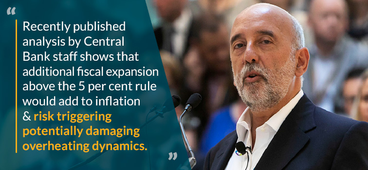 Recently published analysis by Central Bank staff shows that additional fiscal expansion above the 5 per cent rule would add to inflation & risk triggering potentially damaging overheating dynamics.